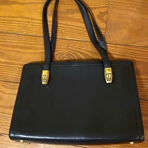 Vintage Koret Navy Leather Shoulder Bag with Gold Accents